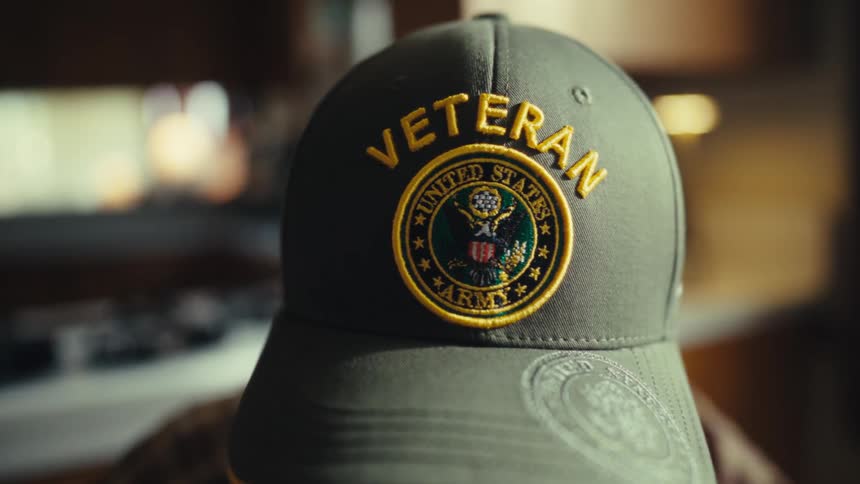 An older man wears an olive green baseball cap featuring a circular united states army veteran patch with gold embroidery