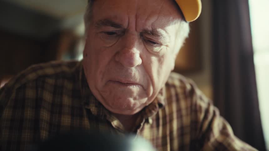 An elderly man wearing a veteran baseball cap and a plaid shirt looks down with a concentrated expression while holding a magnifying glass in a low view inside a room