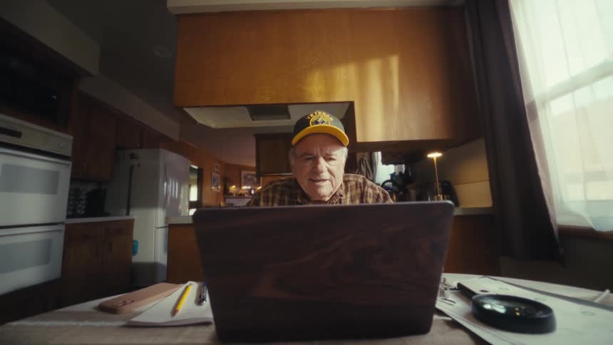 An elderly man sitting at his dining table opening his laptop with a smile on his face wearing a veteran hat