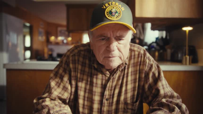 Man sitting at a table reading on a laptop computer as he stops to look around thinking
