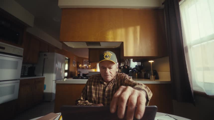 Elderly man uses a laptop while seated at a table with papers and objects in a kitchen lit by natural light