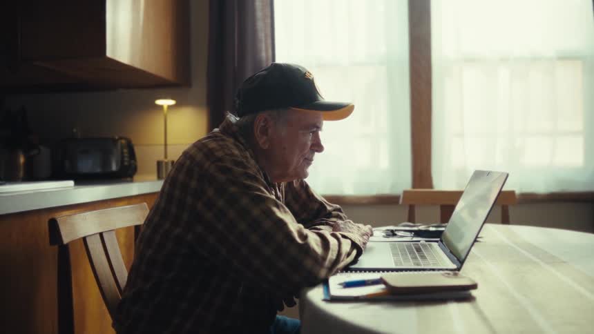 An elderly man sitting at his dining table behind a computer suddenly excited by the content he is watching wearing a hat at midday