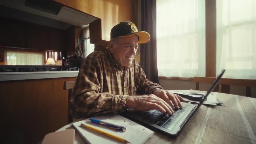 Elderly man uses a laptop at a table with a notebook and pens indoors