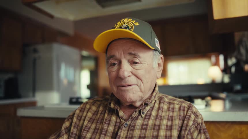 Elderly man seated in a kitchen wears a plaid shirt and cap while looking to the side