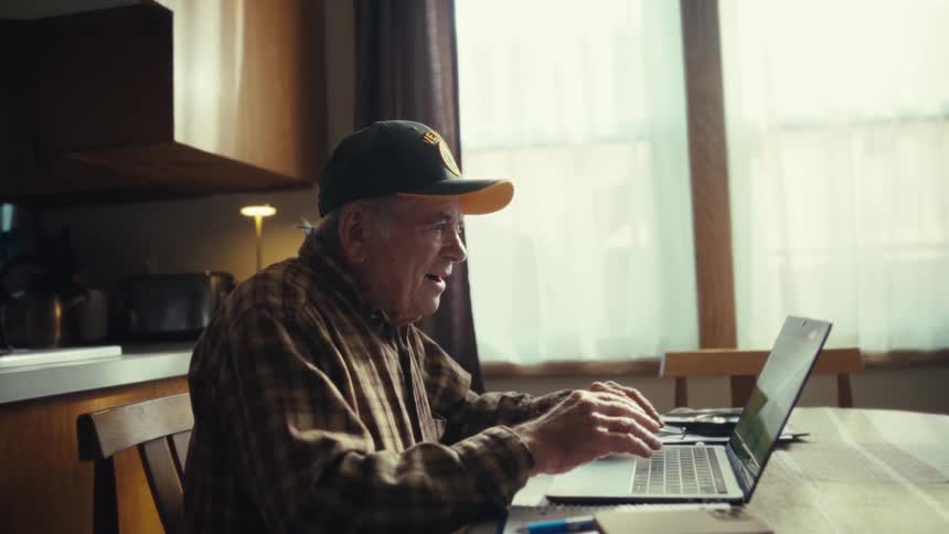 Elderly man wearing a plaid shirt and a baseball cap sitting and typing on a laptop over a wooden table then raising his hands in surprise and smiling afterwards indoors during day time