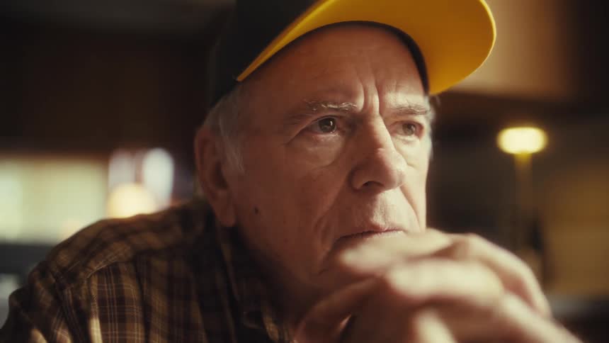 Elderly man wears a yellow cap and rests his clasped hands under his chin