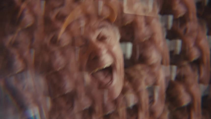 A distorted view using a prism effect shows an older man in a plaid shirt and baseball cap as he types on a laptop and then cheers with excitement