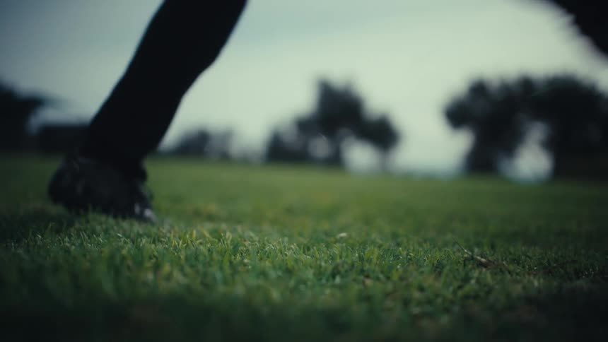 Person kicks a soccer ball on grass in an outdoor field