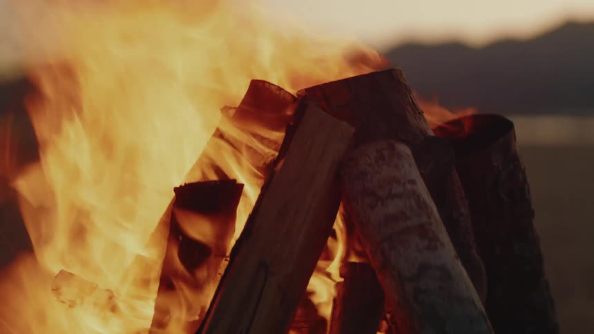 Firewood burns in a campfire with tall flames at dusk