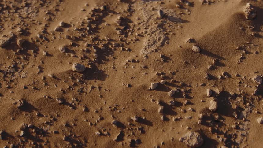 A close up view shows many small rocks and pebbles scattered across a surface of brown sand in a desert