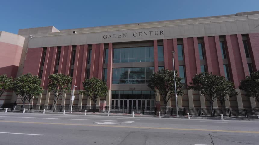 Cars on the road passes USC Galen Center Olympic Venue in Los Angeles