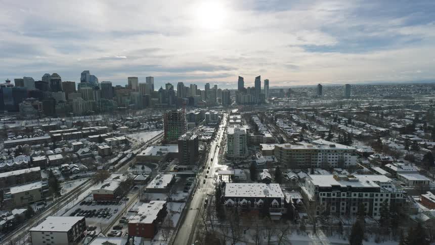 The city is covered in snow