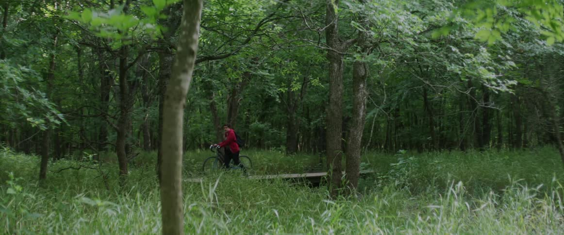 A man walks his bicycle through a wooded area