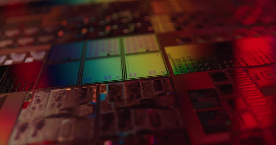 A close view shows rows of square computer microchips with intricate circuits glowing under shifting red and green and blue lights in a dark technical setting