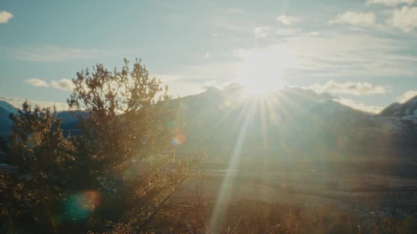 Trees move in the wind as the sun shines brightly over a mountain