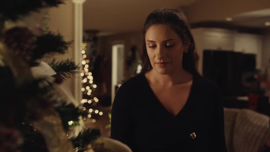 In a cozy holidaydecorated home a woman in a festive reindeer sweater stands by a christmas tree while another woman walks into the room from the background the second woman approaches the tree looks at the decorations thoughtfully and picks up a re