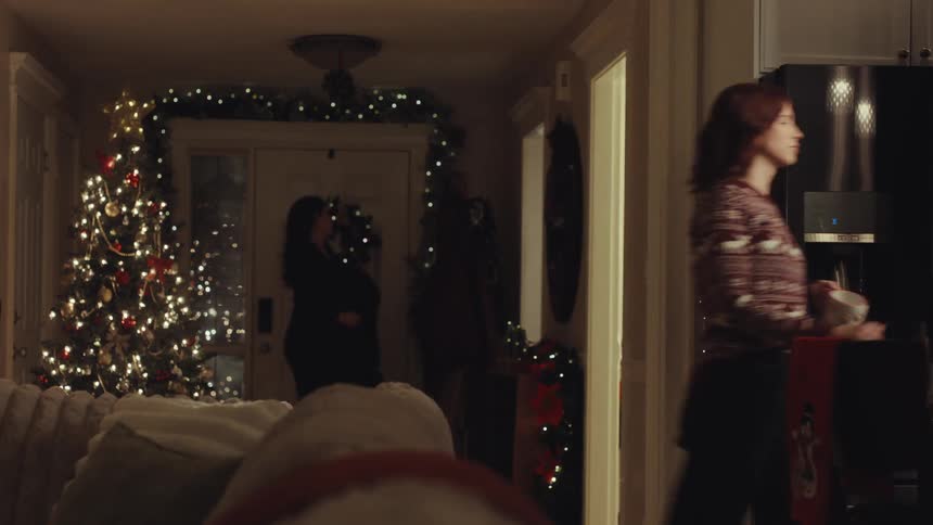 In a warmly lit home decorated for the holidays two women enter through the front door and hang up their coatsone woman walks past the christmas tree carrying a mug while the other stops to look around the room with her arms crossed