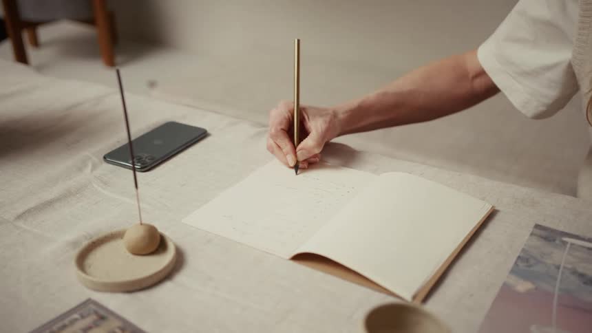 Blonde woman makes notes while looking through a book