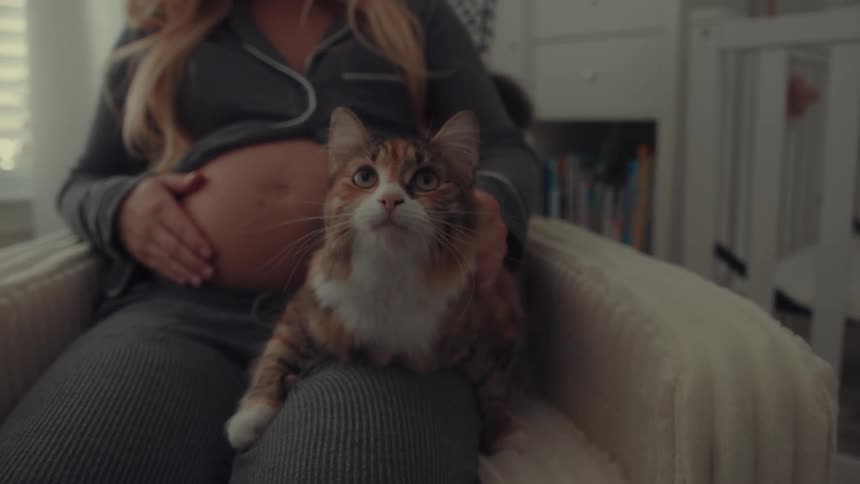 A pregnant woman with long blonde hair wearing a blue outfit is sitting in a white recliner in a clean nursery petting a calico cat thats laying on her leg