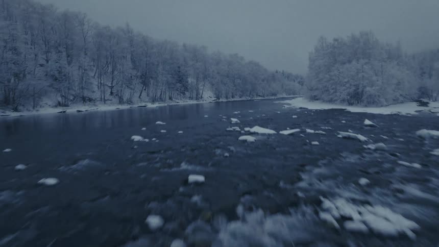 Snow covered forested mountains and a river in the valley under a cloudy winter sky