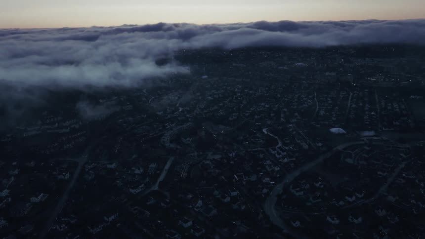 Residential neighborhood viewed from above at night