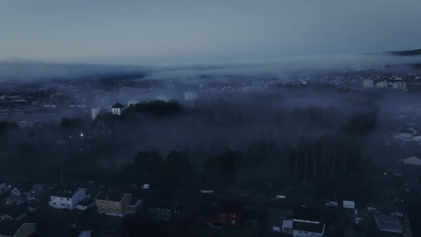 Aerial view of a city covered by fog at dawn with houses and trees visible