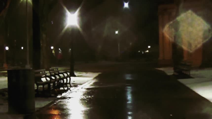 Wet pathway with benches and trees in night park