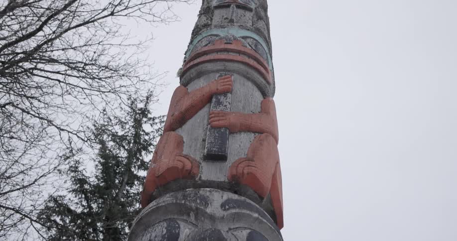A totem pole outdoors on a snowy day