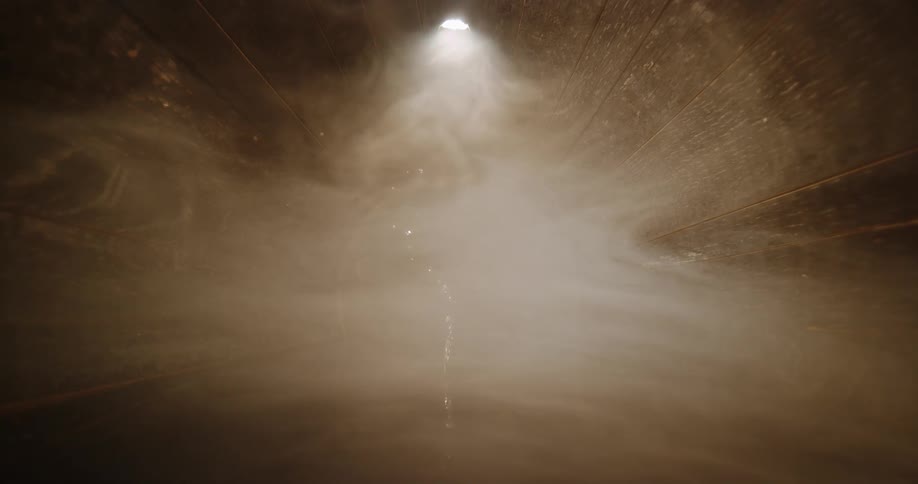 Smoke billows within a dark wooden tunnel with a light source above