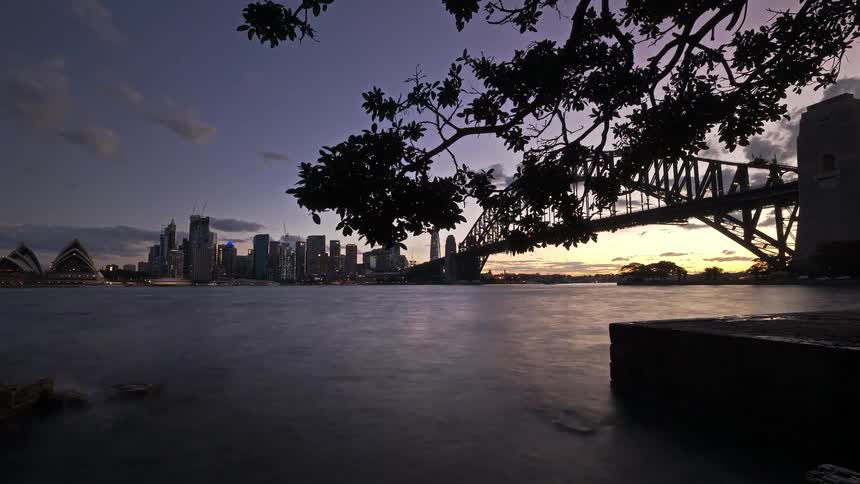 A twilight view of a harbor city skyline features illuminated skyscrapers and a large arched bridge framed by dark tree branches in the foreground with two people standing on a wooden dock by the water