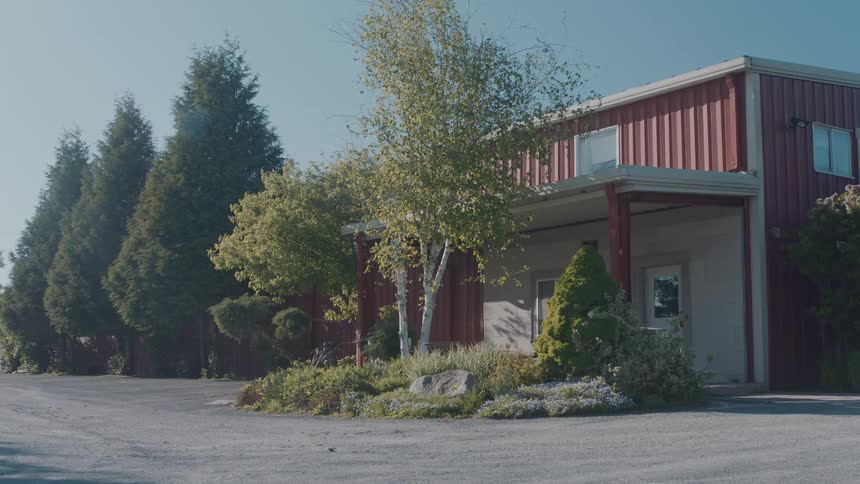 A red metal building with a covered entrance stands next to a line of tall evergreen trees and a birch tree with green leaves under a clear blue sky