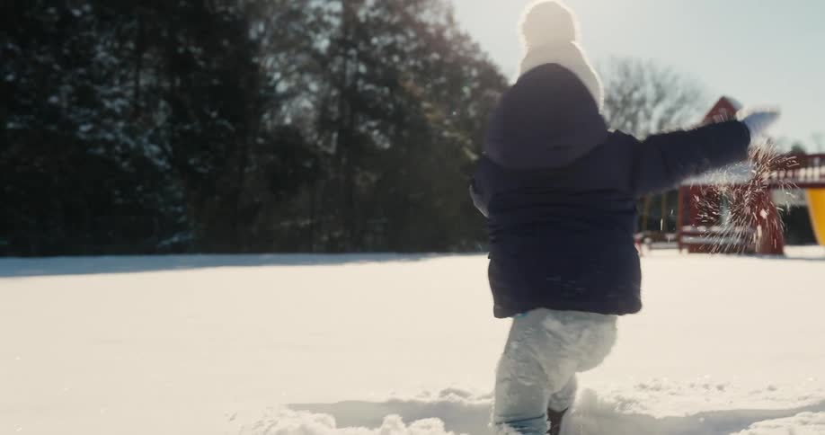 Child sits in the snow and looks at gloved hands