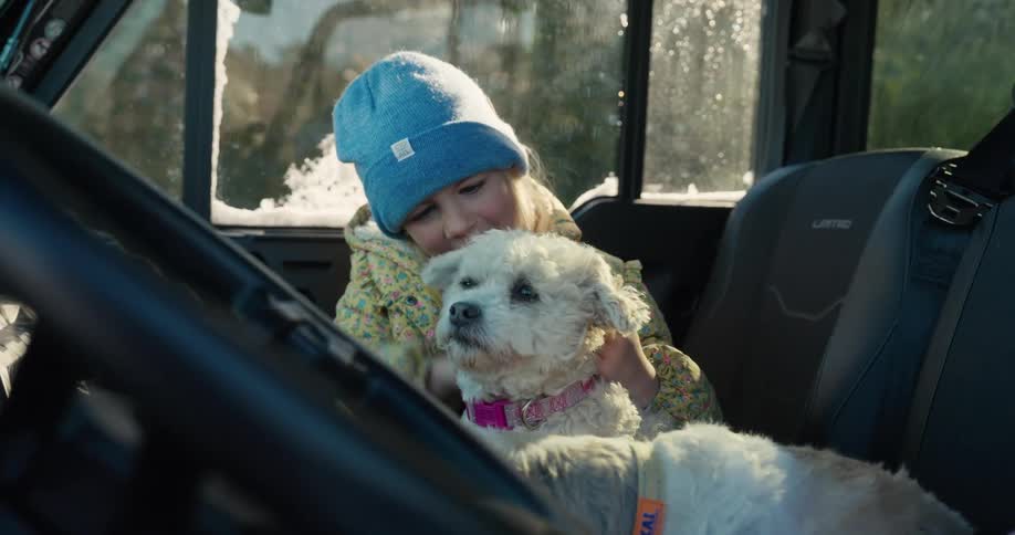 A child and a toddler sitting inside a car with two dogs as the young girl pets one of the dogs