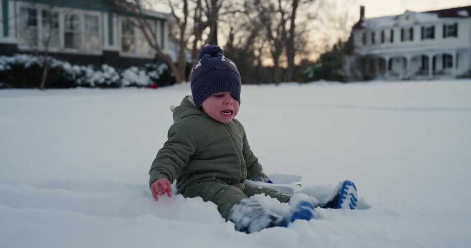 Little boy sits in the snow in his front yard with cold hands and crying