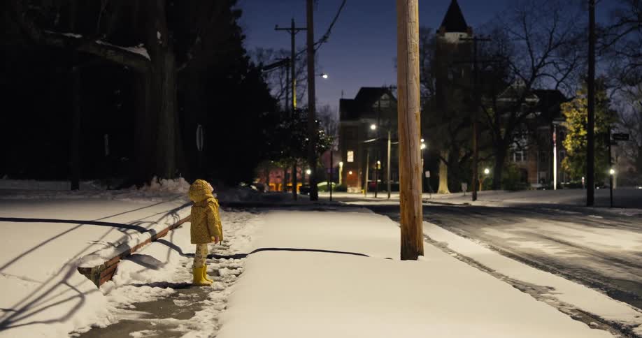 A young girls stands outside on a snow covered sidewalk at nighttime
