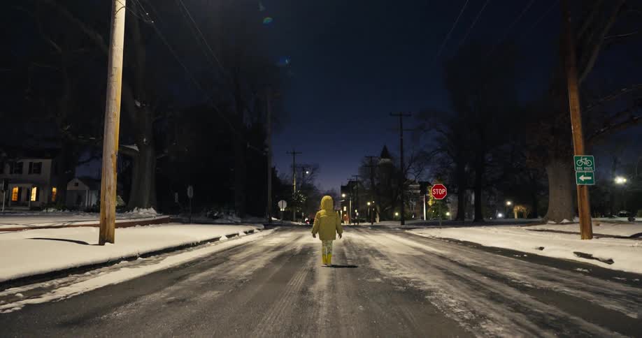 Little girl wearing a yellow coat walking alone on a snowy street at night