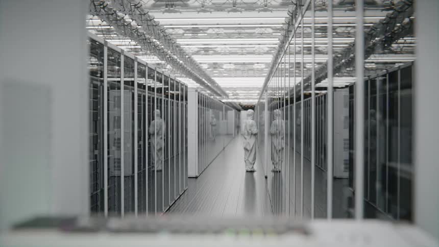 A person wearing a clean room suit stands in an aisle in a data center