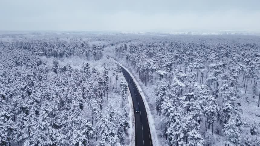 The car drives on the road in the middle of the snow covered forest