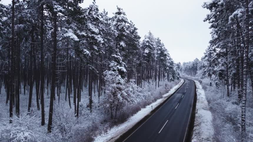 The car drives down the highway in the snow covered forest