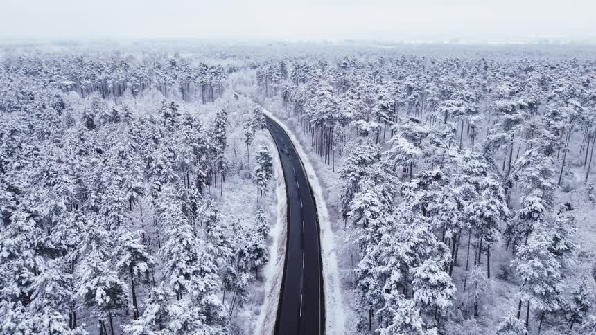 This aerial footage captures a dark winding road cutting through a vast forest heavily blanketed in white snow a lone vehicle travels along the asphalt providing a sharp contrast against the serene and frozen wintry landscape