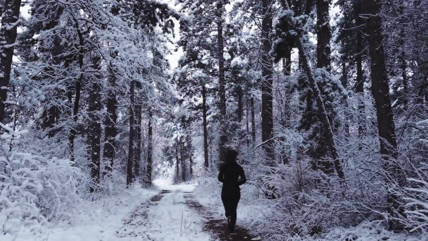 Woman jogs through a snowcovered forest on a partially uncovered path