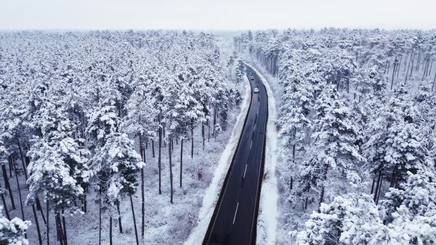An aerial view glides above a dark road slicing through a snowcovered pine forest starting with tiny cars in the distance and drifting closer as vehicles roll along the curve and pass beneath the frosted treetops