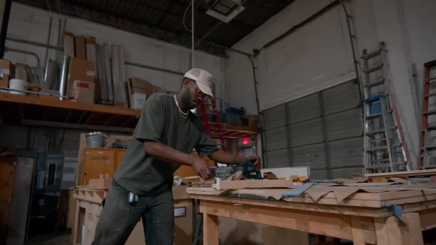 Carpenter carries a saw to his table and walks back for a piece of wood