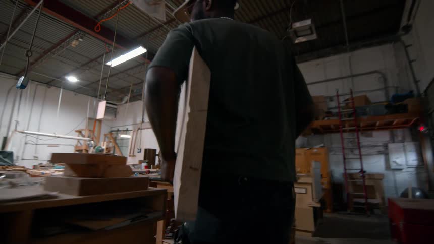 Man carries wooden panel inside workshop with workbenches and tools in the background