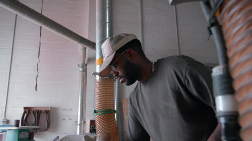 A carpenter wearing a tan cap and glasses works in a workshop where he lifts a thick piece of light wood and carefully guides it through a power planer machine to smooth the surface of the timber