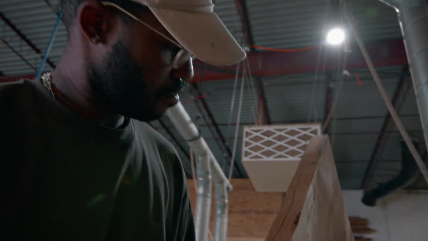 Carpenter standing in his workshop inspecting a piece of wood