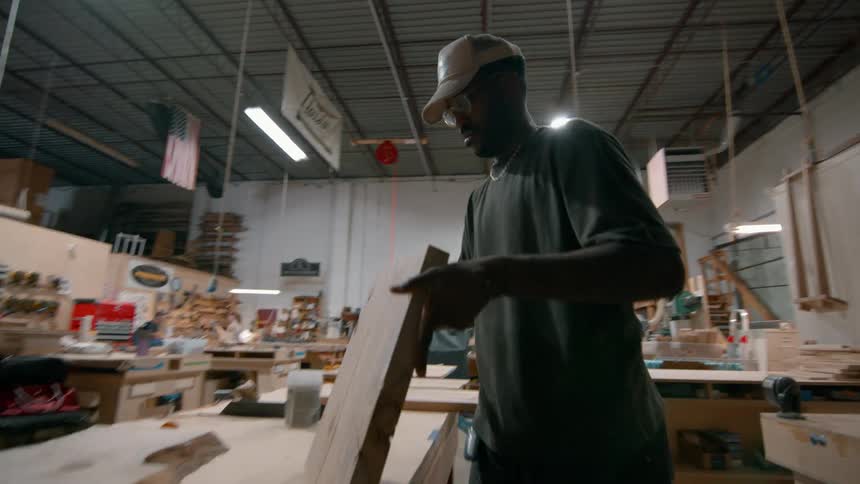 Man moving heavy wooden planks on workbench in carpentry workshop with industrial lighting