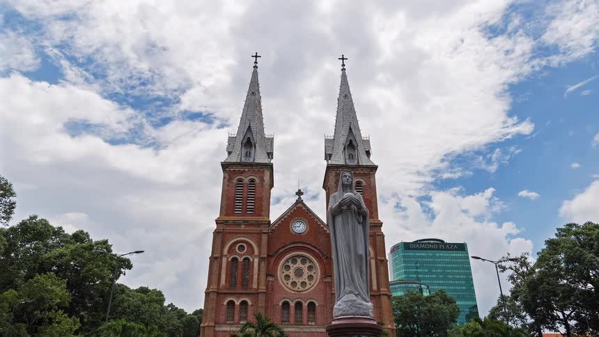 Birds fly by the church in the city