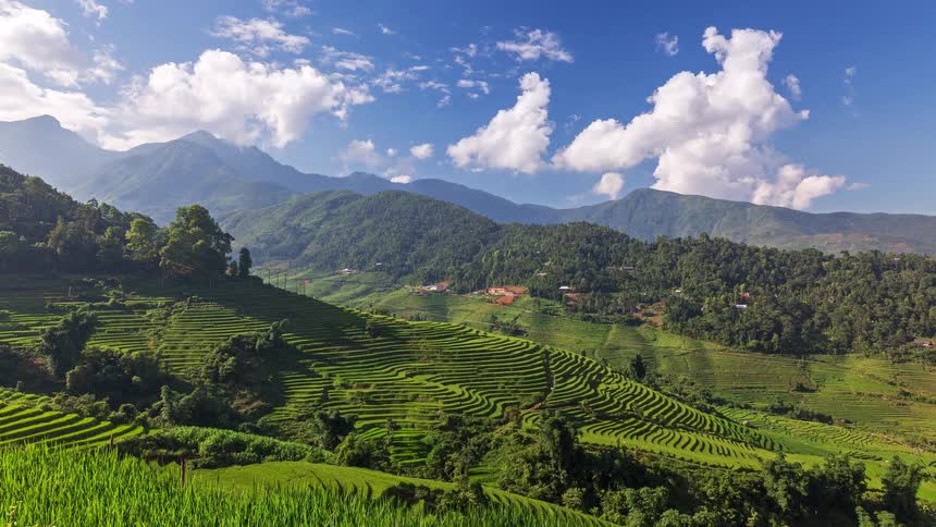 A time lapse view shows green rice terraces on a steep hillside as shadows and sunlight move across the landscape under a blue sky with white clouds