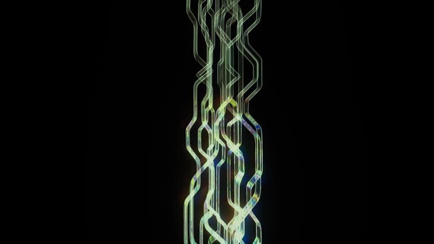 Glowing green and yellow digital lines arranged in a geometric circuit pattern pulse and shift against a solid black background